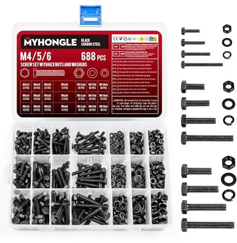 688 Pcs Hex Bolts and Nuts Set, M4 M5 M6 Machine Bolts and Hex Nuts and Lock Washers and Flat Assortment Kit, Carbon Steel Full Thread with Spring Washers