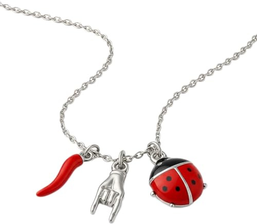 OUTLETISSIMO® Collana con Ciondoli Portafortuna – Cornetto Rosso, Mano Cornuta e Coccinella – Gioiello Antisfortuna Donna Uomo – Catena 50 cm ET257