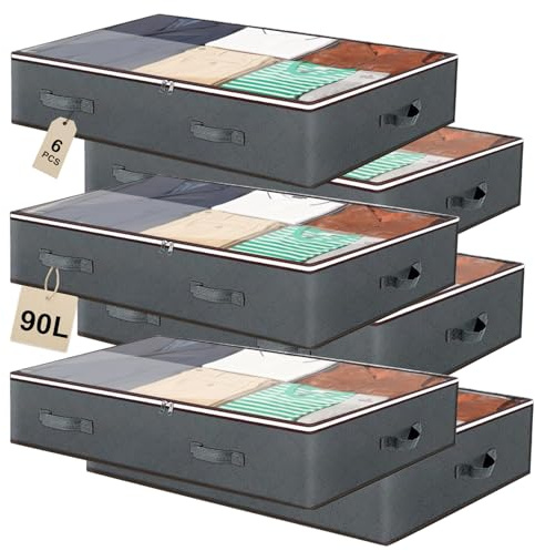 6 Packs Underbed Storages, 90L Large Under Bed Storage Box,storage bag PVC Window Clothes Storage Bags with Zips & Reinforced Handle for Duvet, Clothes, Shoes, Bedding, Wardrobe Organiser Bags,Grey