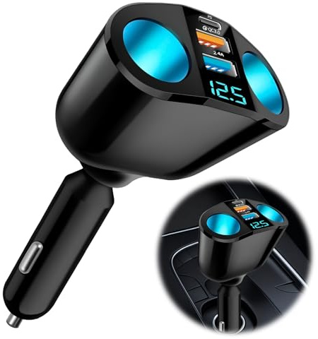 120W Car Cigarette Lighter Adapter, 12V-24V Car Cigarette Lighter USB Charger, Dual USB C QC3.0 & PD Charger Double Car Lighter Adapter with LED Voltmeter Fast Charging for Phone GPS Dashcam