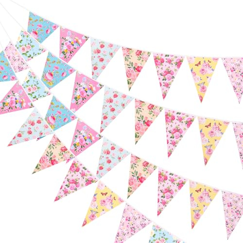 G2PLUS Double-sided Floral Paper Bunting: 24PCS Garland Banner with Vintage Floral Printed, 6m for Anniversary, Birthday Party, Bridal Shower, Baby Shower, Tea-party Decoration