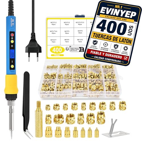 Inserti Filettati 400 pz con Saldatore 80W, Temperatura Regolabile 180–500°C, 7 Punte, M2/M2.5/M3/M4/M5/M6/M8 per Stampa 3D e Plastica