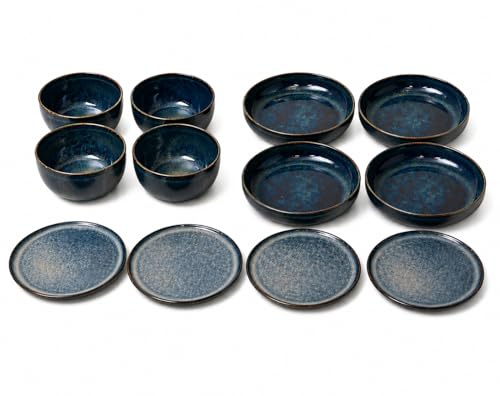 Vajilla Completa de Cerámica Azul para 4 Personas, Juego de Vajilla 12 Piezas con Platos Llanos, Platos Hondos y Cuencos, Vajilla Moderna de Gres, Apta para Lavavajillas y Microondas