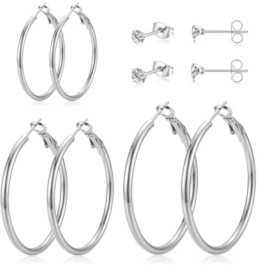 Large Silver Hoop Earrings for Women, 5 Pairs of Silver Earrings for Sensitive Ear, Hypoallergenic Earring Stud Sets for Multiple Piercing (Silver)