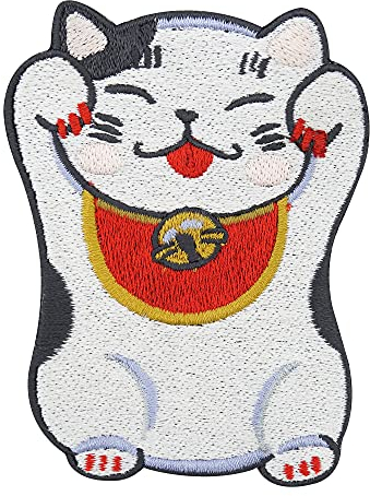 Finally Home Schwarze Chinesische Glückskatze Patch zum Aufbügeln | Kawaii Katze Patches, Winkekatze Bügelflicken, Cat Flicken, Pfoten Aufnäher