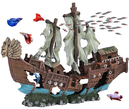UNEAK - XXL Shipwreck Aquarium Large Decorations Ornament w/Sail (2 Pieces) 20 Gallons high and Larger Fish Tank, Sunken Ship Decoration Ornaments, Pirate Boat, Resin, Freshwater Saltwater Decor