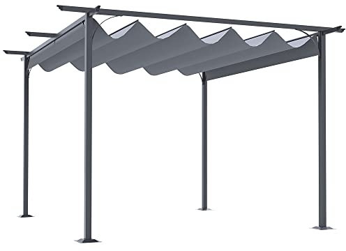 Outsunny 3.5M X 3.5M Metal Pergola Gazebo Awning Retractable Canopy Outdoor Garden Sun Shade Shelter Marquee Party BBQ, Grey