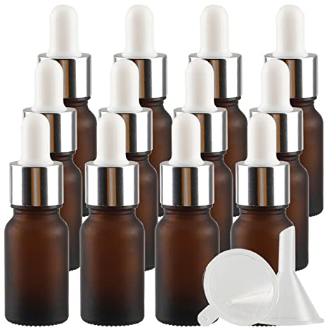 ZEOABSY 24 Stück 10 ml Gefrostet Braunglas Pipettenflasche mit Silber Pipettenring, Leere Glasflasche Glastropfer Glaspipette Tropfflaschen für Ätherische Öle Aromatherapie + 4x Trichter