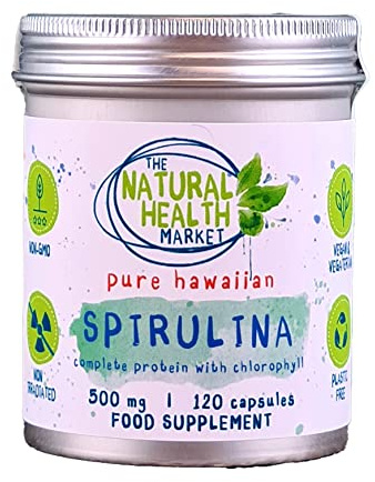 Hawaiian Spirulina Capsules 500mg by The Natural Health Market - 100% Pure - No Additives - Plastic Free Packaging - Made in England - Vegan-Friendly Supplement (120 Capsule - TIN)