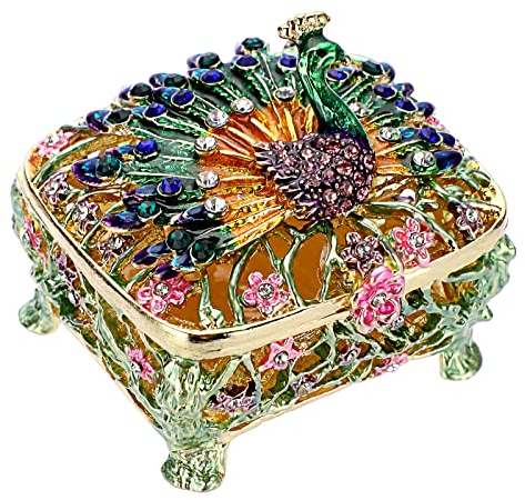 TOLIDA Pfau-Mini-Schmuckkästchen Handbemalte Emaillierte Schmuckschatulle Luxus-Schmuckkästen Schmuckdose Aufbewahrungsbox für Ohrringe Halsketten Ring als Hochzeit Geschenk Deko