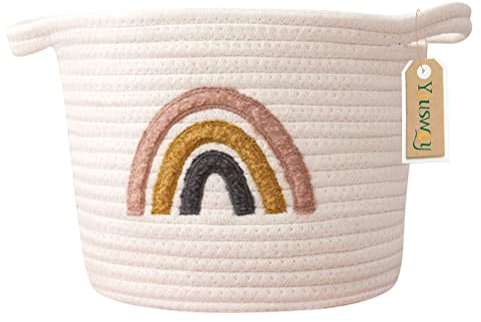 Yiuswoy Kleiner Aufbewahrungskorb aus Baumwollseil Geflochtener Aufbewahrungsbox Regenbogen Deko Korb für Kinderzimmer, Küche, Bad, Büro - Weiß