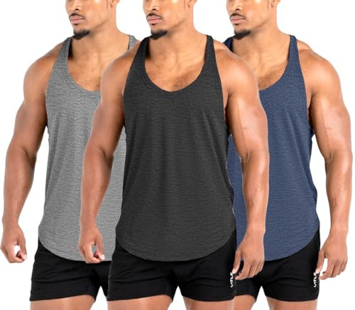 Lehmanlin Camisetas sin Mangas para Hombre,Camisetas de Tirantes Hombre Gym,Culturismo Stringer,Camisas de Secado Rápido(3 Pack Negro Gris Azul L)