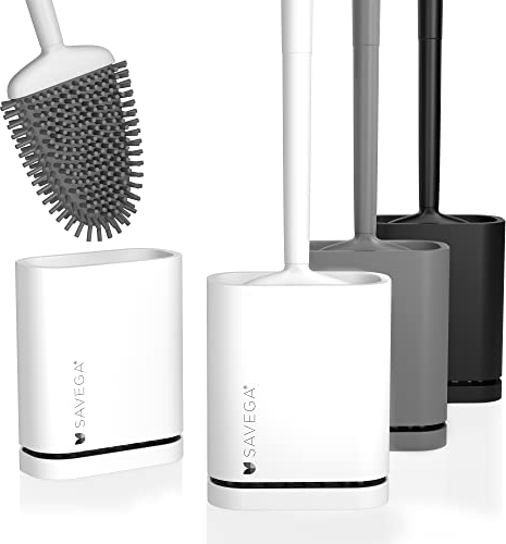 SAVEGA Escobilla WC Silicona con Cabezal Flexible - Escobilla Baño Silicona con Escobillero Higiénico y Montaje sin Taladro (Blanco Mate, Set de 1)