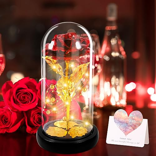 DONGQI Die Schöne und das Biest Ewige Rose, Ewige Rose im Glas, Rose in Einer Glaskuppel mit LED Licht Holzsockel für Freundin Frau am Muttertag Geburtstag Valentinstag Jahrestag