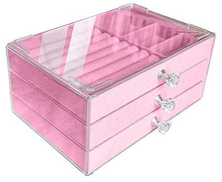 Jemjosh Clear Acrylic Velvet Jewelry Organizer with 3 Drawers, Stackable Display Storage Earrings Necklace Rings Bracelets Box Holder Case for Women, Pink