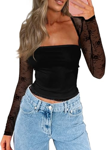 CSDAJIO Women's Going Out Tops Lace Long Sleeve Square Neck Crop Top Shirt Strapless Tube Top and Bolero Set Lace Black X-Small