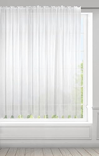 Eurofirany Frida Voile Gardine Vorhang mit Kräuselband - 1 STK. Transparent Gardine Leinenoptik Durchsichtig Einfarbige für Schlafzimmer Wohnzimmer Kinderzimmer, 400x150 cm, Weiß