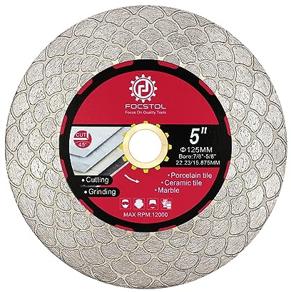 FOCSTOL Diamant Trennscheibe 125mm - Fliesentrennscheibe Schneiden und Schleifen für Porzellan Keramik Fliesen Marmor Granit Kunststein Laube 22,23mm x 15,875mm