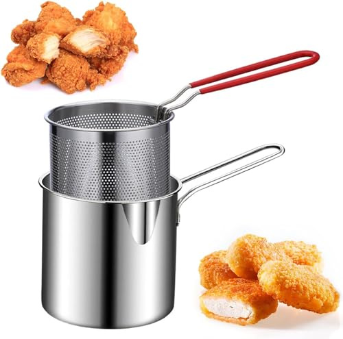 Freidora de Acero Inoxidable con Cesta Coladora, Freidora Tempura Japonesa, Freidora para Freír Pescado, Camarones, Pollo y Patatas Fritas (B)