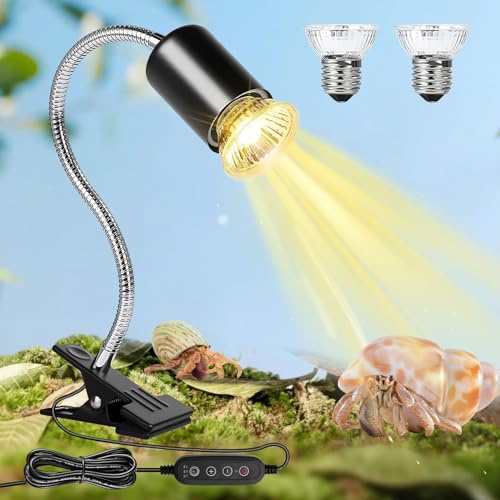 Neeenn Hermit Crab Heat Lamp, Reptile Heat Lamp with Clamp, Reptile Light with Rotatable Hose and Timer, Suitable for Reptiles Lizard Turtle Tortoise Snake Bearded Dragon Hermit Crab, 2 Bulbs 25W+50W