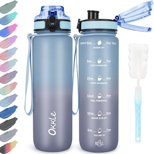 OKKLE Trinkflasche 1L BPA freie Wasserflasche mit Verschlussdeckel und auslaufsicher, geeignet für Fitnessstudio, Schule, Radfahren, Outdoor, Sport, Fitness