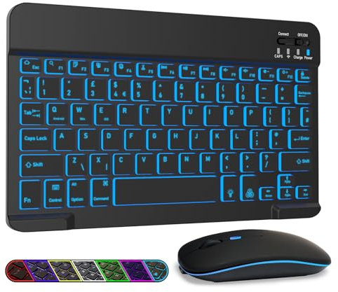 LAMA 7 Colors Backlit Wireless Keyboard and Mouse, Rechargeable Ultra Slim Universal Tablet Keyboard, Portable Bluetooth Keyboards for iPad/Tablet/iOS/Android/Windows/Laptop/Desktop Computer/Phone, B