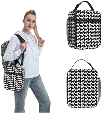 OUSIKA Lonchera negra con diseño de pata de gallo para mujeres y hombres, reutilizable, aislada, bolsa de almuerzo de viaje, bolsa de almuerzo portátil para el trabajo, picnic, camping