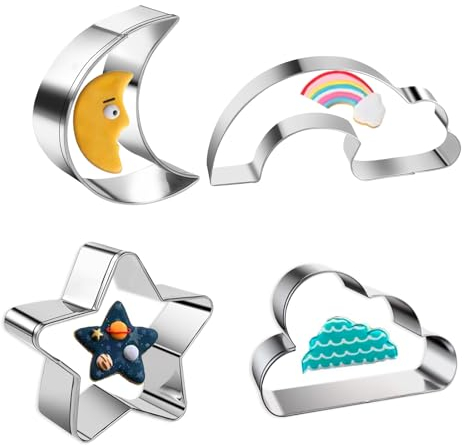 Molain Moon Star Cloud Rainbow - Moldes de galletas de acero inoxidable para hornear, cortadores de donas de fondant, moldes de galletas para hacer sándwiches de desayuno para niños, 4 unidades
