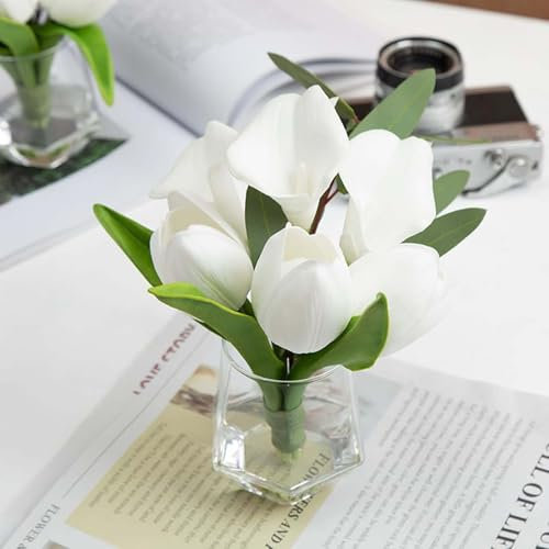 Laelfe Flores Artificiales con Jarrón Arreglo de Flores Blancas Falsas en Jarrón de Cristal con Agua Falsa para Centros Decorativos de Mesa de Oficina de Baño en Casa (Dichondra)