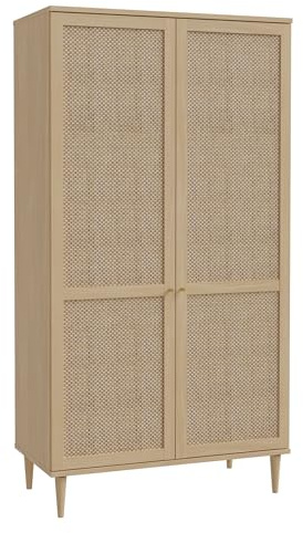 Forte CALASETTA Schrank 110, Boho Stil Wiener Geflecht Kleiderschrank mit 2 Türen Kleiderstange Einlegeböden Holz Dekor: Elegancia Eiche/Technorattan, 110 cm breit x 208 cm hoch x 52 cm tief