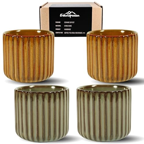 Erkundpresso. - 4 x 180 ml Tazas de Café de Cerámica sin Asa - Tazas de Café para Espresso para agua y té - Resistentes al Calor - Colores Retro - Juego de regalo -Marrón + Bronce