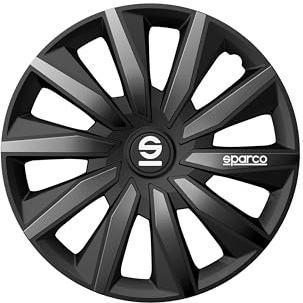 Sparco Set of 4 hubcaps 15’. Model Milano Black/Grey. Sporty design for your car rims. Strong and durable construction.