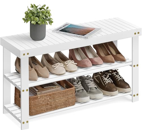SONGMICS Panca Portascarpe, Scarpiera in Bambù a 3 Livelli, Panca per Corridoio, Può Contenere fino a 130 kg, 28,7 x 90 x 45,3 cm, per Ingresso, Bagno, Camera da Letto, Bianco Nuvola LBS090W01