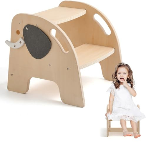 Promise Babe Taburete de Madera Torre de Aprendizaje Torre de Aprendizaje Montessori para Bebés y Niños Taburete para Bebés Elefante 2 Peldaños Adecuado para Habitaciones Infantiles, Baños y cocinas