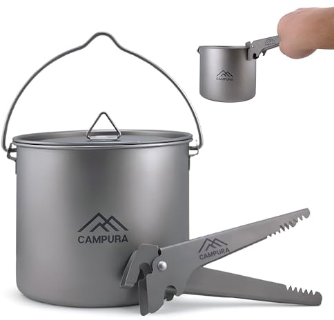 Campura Titan Topf 1100 ml mit abnehmbarem Griff und Henkel – Ultraleichtes Camping Geschirr Set mit Messskala, Deckel & Netzbeutel für Outdoor, Bushcraft, Trekking (192g)