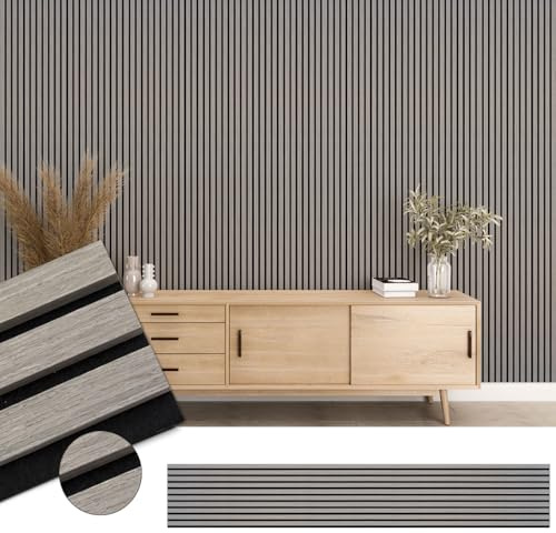 ACOUPANEL | Akustikpaneel mit Quasten aus Eichenholz – Schalldämmung zur Wandbefestigung – Filz mit hoher Dichte + Holzlatten, 3 Seiten aus Eiche – Paneele Design (Eiche Grau, 2,40 m)