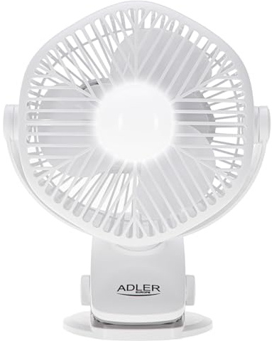 Adler tischventilator mit Akku und Clip – USB ventilator mit LED-Beleuchtung - 3 Geschwindigkeiten und 360° drehbar - Klemmventilator 15,3 x 10,5 x 19,9 cm – Weiß