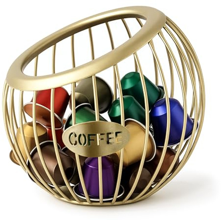 Shoze Coffee Pod Holder Capsule Baskets Large Capacity Organiser for All Coffee Capsule Coffee Capsule Holder Coffee Pod Basket for Counter Coffee Bar, Metal Coffee Capsule Storage (Gold, 22x22x22cm)