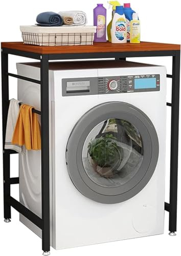 Étagère de rangement sur pied pour machine à laver et sèche-linge à chargement frontal (cadre noir et teck)