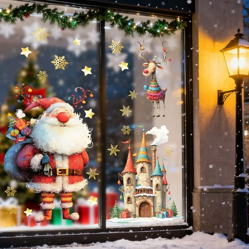 Grandi Vetrofanie Natalizie, 35,4'' * 11,8'' Adesivi per Finestre Natale Statici per Finestre, con Babbo Natale, Renna e Castello, per Interni, Graziose Decorazioni per Finestre