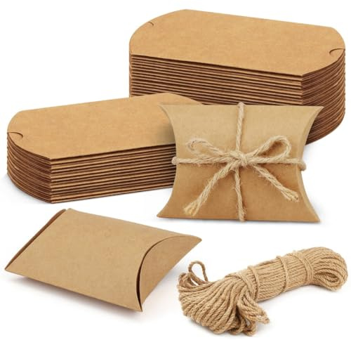 100 Piezas Cajas de Almohada de Papel Kraft Vintage, Cajas de Regalo Pequeñas Marrones Favor de la Boda con Cordel, 6 x 9cm Caja de Dulces de Papel Kraft para Bodas, Cumpleaños, Navidad, Baby Shower
