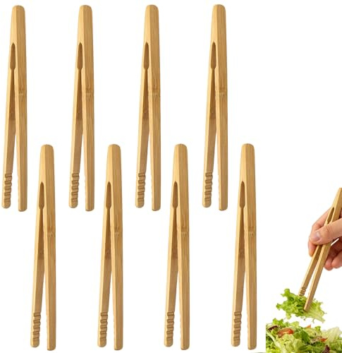 HXC 8 stycken bambu tång rostat kökstång 18 cm liten bambu tång grilltång trä för kök, grillat kött, bakverk, bröd