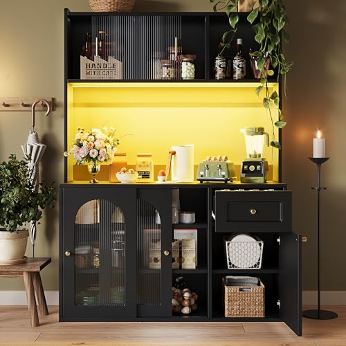 Ojjxh Tall Kitchen Cupboard with LED, Tall Storage Cabinet with Glass Sliding Doors and Aluminum Handles, Kitchen Cabinets with Adjustable Shelves, for Dining Room, Living Room, 120×35×167cm (Black)