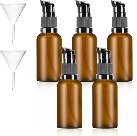 KTPCN 5 st reseflaskor, 30 ml, bruna tomma glasflaskor, glaspump, flygplansflaska pump för kosmetisk lotion flytande kräm schampo kräm, med 2 trattar