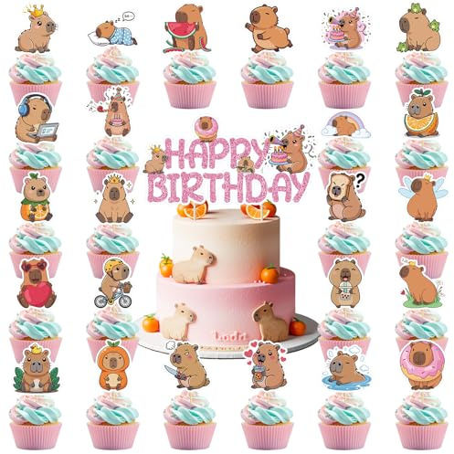 Nymora 49 PCS Capybara Cake Decorations, Cute Animal Theme Birthday Party Supplies, Cartoon Pink Capybara Cupcake Toppers and Cake Picks for Baby Shower Celebration Decor