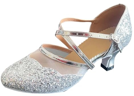 Scarpe da ballo latino lucide con tomaia in rete, cinturino, punta lucida, tacco basso alto ideale per la sera., argento, 39 EU