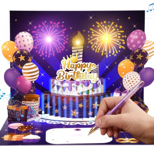 Pop Up Kuchen Geburtstagskarten mit Musik und Feuerwerk Licht, 3D Happy Birthday Karte Geburtstag Geschenke für Frau Männer Freundin Mann Frauen Jungen Mädchen