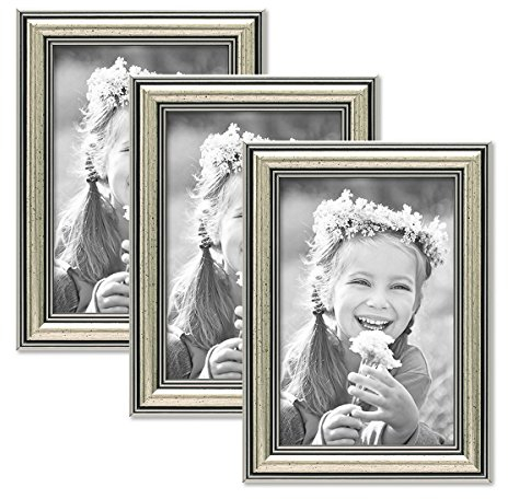 PHOTOLINI Set de 3 Marcos en Tono Plata de Estilo Barroco, Marco para Fotos de 10x15 cm con Cristal/Marco de plástico