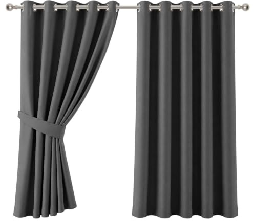 Aspire Homeware Blackout Curtains for Living Room 66x72 Grey Curtains Super Soft Energy Saving Thermal Insulated Eyelet Curtain 2 Panels with Tiebacks