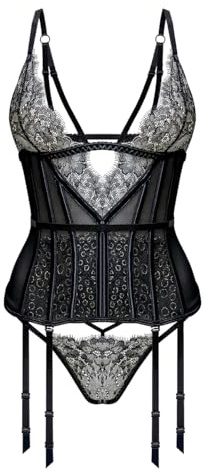 LOVE YOU SEXY Corsé Ajustado de Encaje Femenino, Sujetador Triangular Suave de Encaje de pestañas metálicas, cinturón elástico y Tanga, Set de 3 Piezas, Negro, M